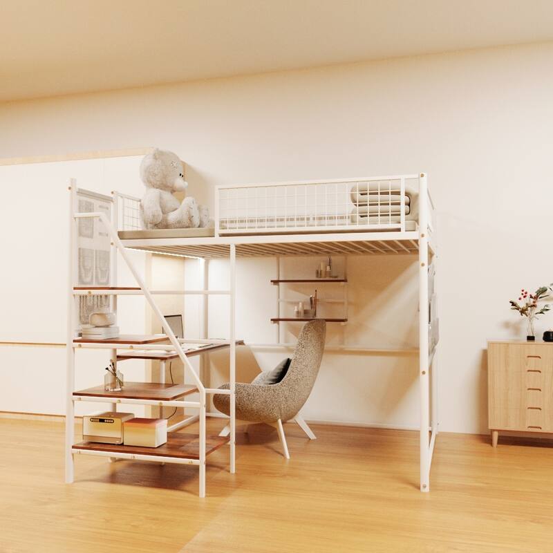 Full Size Metal Loft Bed with Built-In Desk, RGB LED Lights, Charging Station, and Sturdy Guardrails, Bedroom Furniture