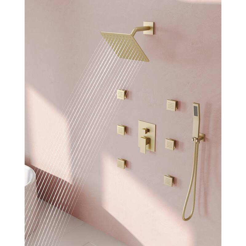 GRANDJOY Shower Faucet Set 10" Wall Mounted Shower Head with 6 Body Jets and Handheld Shower - Brushed Gold