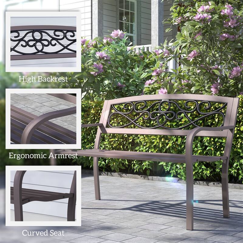 Two Curved Seats Outdoor Garden Bench with Floral Backrest and Steel Frame Armrests - 50" W x 24.4" D x 33.9" H