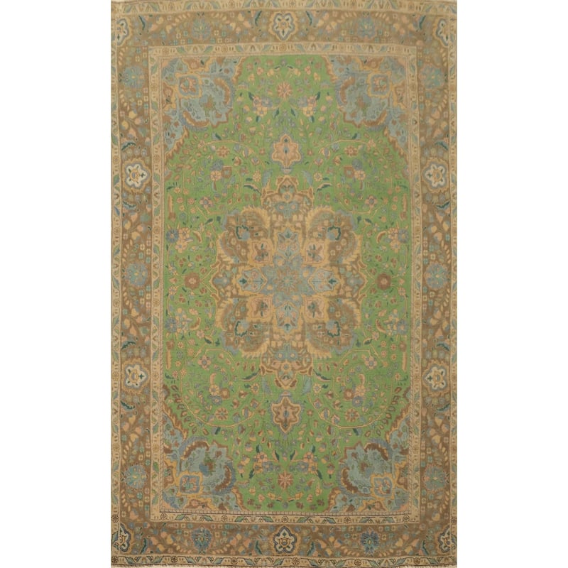 Hand Knotted Oriental 100% Wool Carpet Traditional Floral Green Tabriz Area Rug - 9' 5'' X 6' 4''