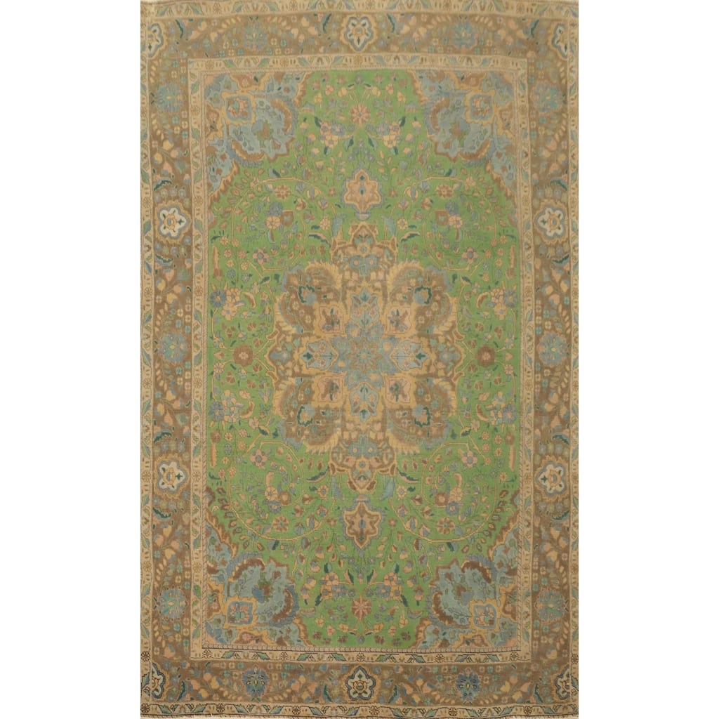 Hand Knotted Oriental 100% Wool Carpet Traditional Floral Green Tabriz Area Rug - 9' 5'' X 6' 4''