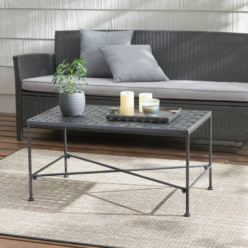 Roomfitters Luna Outdoor Iron Coffee Table with Powder Coated Finish, Modern Patio Rectangle Table, Black