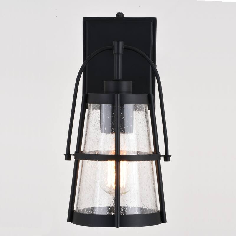 VAXCEL Portage Park 12.75 in. H 1-Light Matte Black Dusk to Dawn Sensor Outdoor Wall Sconce, Steel, Clear Seeded Glass Shade