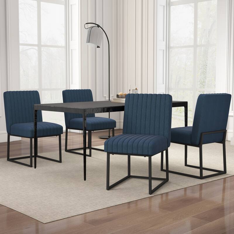 Mid Century Modern Dining Chair with Black Metal Legs - Set of 4 - Dark Blue