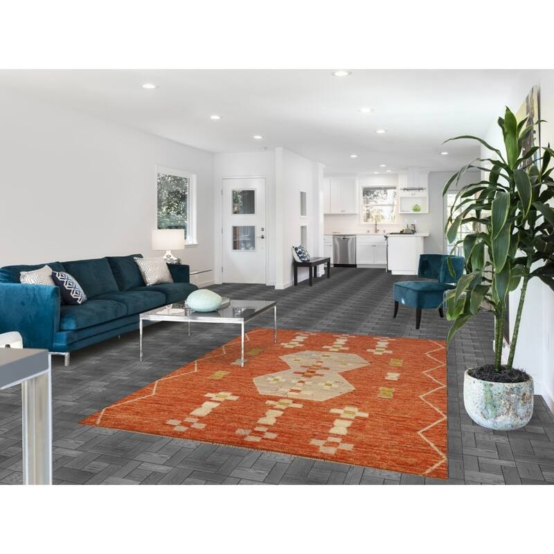 Geometric Moroccan Oriental Area Rug Hand-Knotted Orange Wool Carpet - 5'6" x 7'10"