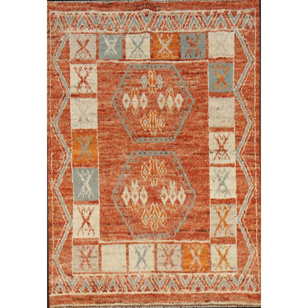 Orange Geometric Moroccan Oriental Rug Hand-Knotted Modern Wool Carpet - 4'1" x 6'1"