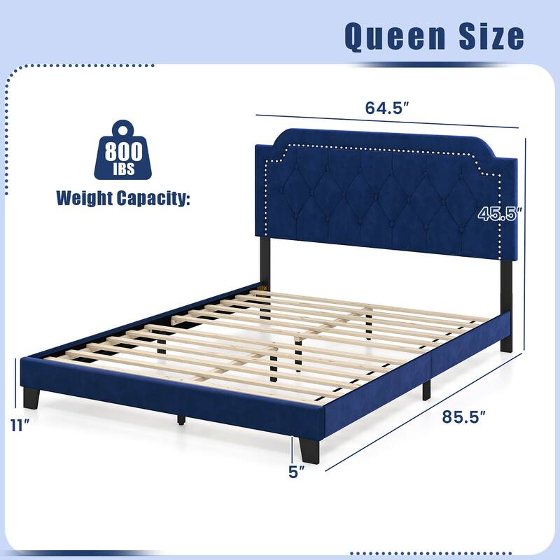 Gymax Queen Size Velvet Platform Bed w/ Button Tufted & Nailhead Trim