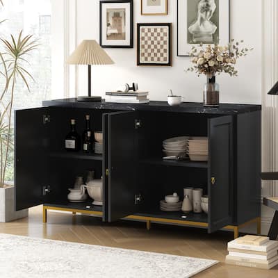Black Buffet Cabinet Sideboard / Faux Marble Table Top TV Console Table