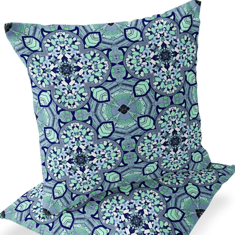 HomeRoots Set of Two 16" X 16" Blue and Green Blown Seam Floral Indoor Outdoor Throw Pillow - 16.00' X '16.00' X '5.00