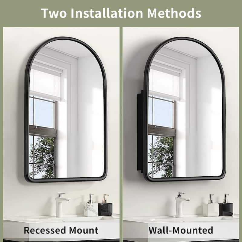 Arched Bathroom Medicine Cabinet with Mirror Wooden Framed Wall Mounted Recessed Cabinets for Bathroom Vanity