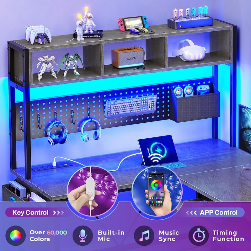 L Shaped Gaming Desk Computer Desk Corner Desk Pegboard Power Outlet