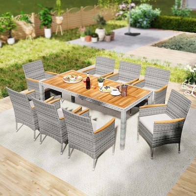 9 PCS Patio PE Wicker Dining Set Outdoor Wood Table & Chairs for 4