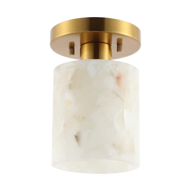 Hadley 5.13" 1-Light Modern Contemporary Alabaster/Iron Cylinder LED Semi Flush Mount, White Marbling/Brass Gold by JONATHAN Y