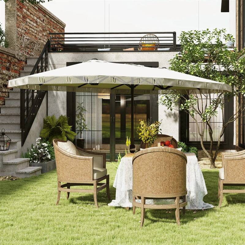 Large Double Rectangle Patio Umbrella with Crank Lift and UV Protection Steel Pole Fringe