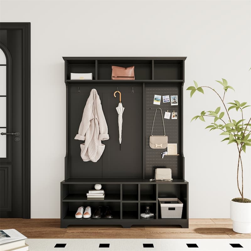 Hall Tree with Shoe Bench,Coat Rack,Shoe Storage,Storage Shelves - Black