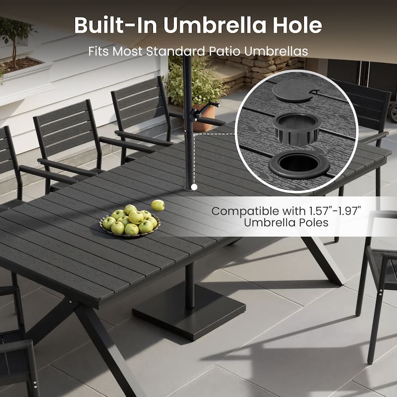 Outdoor Patio Dining Table with LED Light Strip Aluminum Rectangular X-Shaped with Umbrella Hole