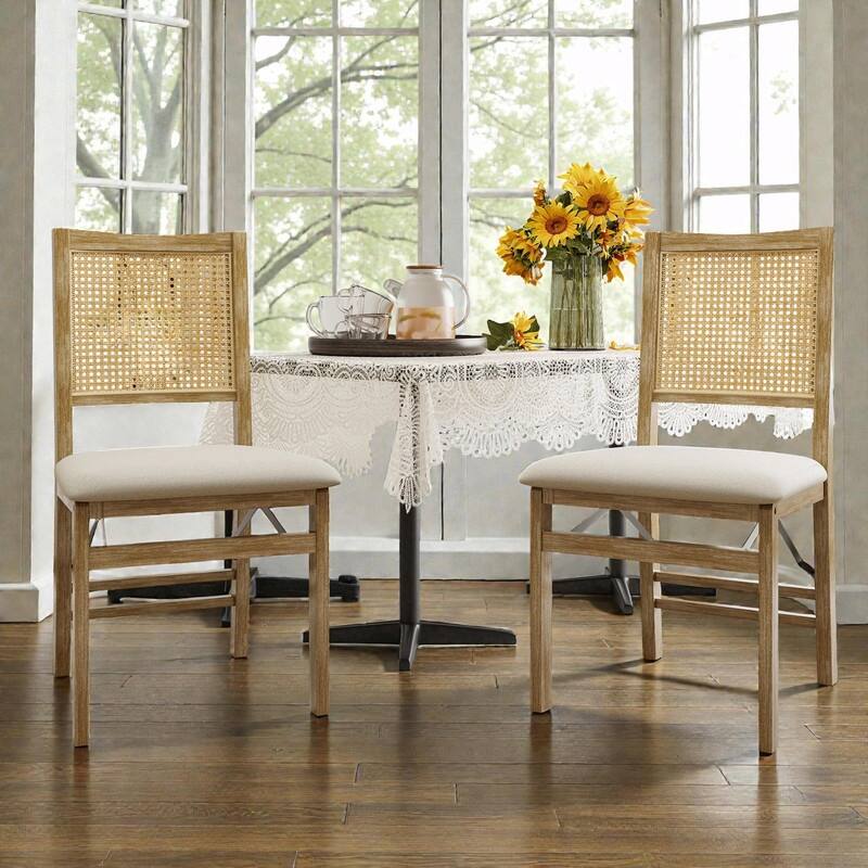 Scandinavian Woven Back Wooden Dining Chairs, Set of 2, Solid Wood Frame with Cushioned Seat