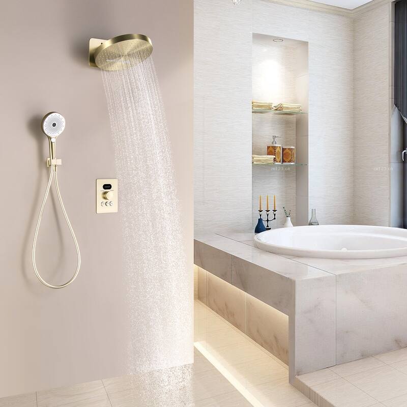 6-Way Wall Mounted 12.6'' Round Showerhead with High-pressure Handheld Showerhead in Black/Gold