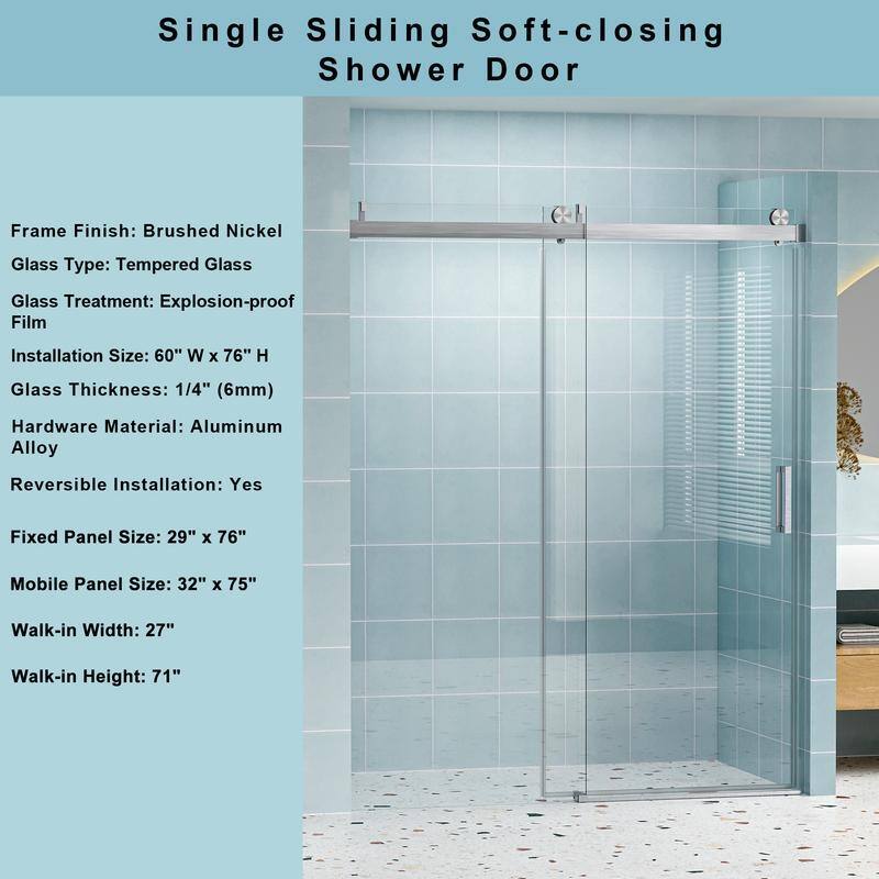 ABRUZZO 56-60" W x 76" H Frameless Soft-Closing Single Sliding Shower Door 1/4" (6mm) Explosion-Proof Tempered Glass
