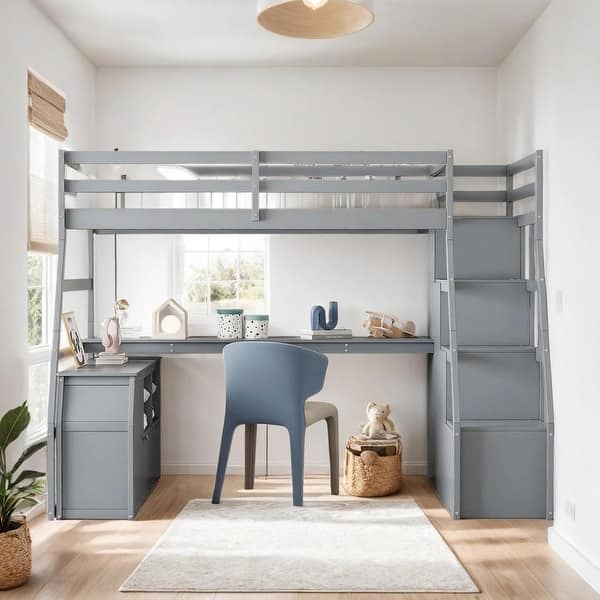 slide 2 of 13, Modern Full Size Loft Bed with Cabinet and Desk, 7 Drawers 2 Shelves,Grey Grey - Full