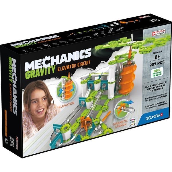 slide 2 of 8, Geomag Mechanics Gravity Construction Set, Elevator Circuit Recycled, 207 Pieces Green, White, Orange - Kids
