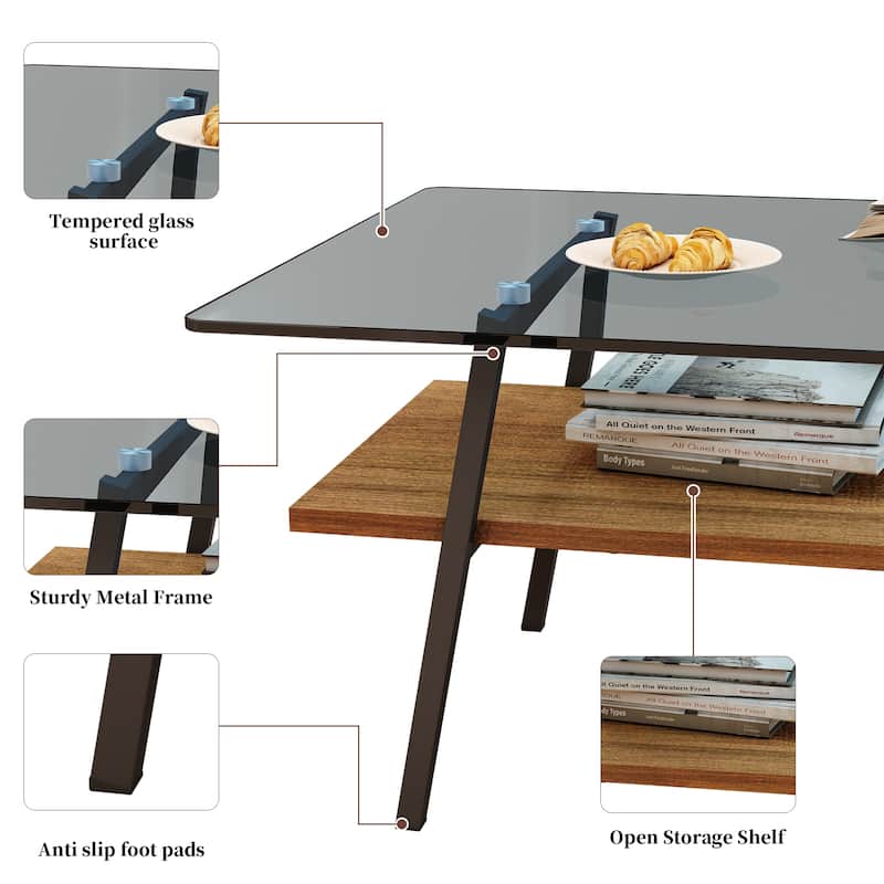 Rectangle Coffee Table with Tempered Glass Tabletop and Metal Legs