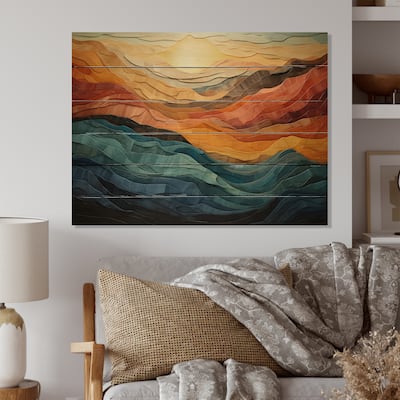 Designart "Coral Teal Bold Mountains Landscape" Modern Print on Natural Pine Wood