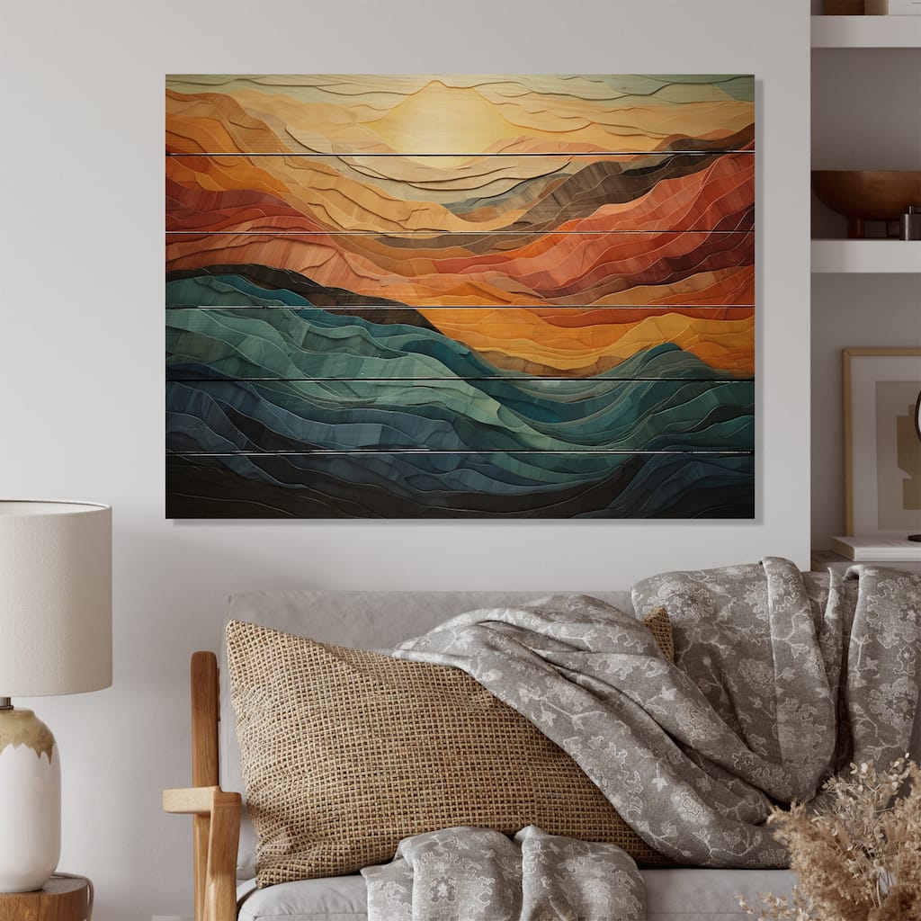 Designart "Coral Teal Bold Mountains Landscape" Modern Print on Natural Pine Wood