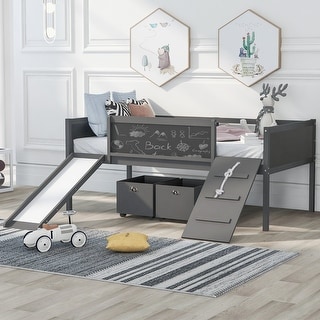 Farmhouse Design Twin size Wood Loft Bed,Climbing Frame and Ladder on Both Side,Two Storage Boxes,Double-sided Chalkboard