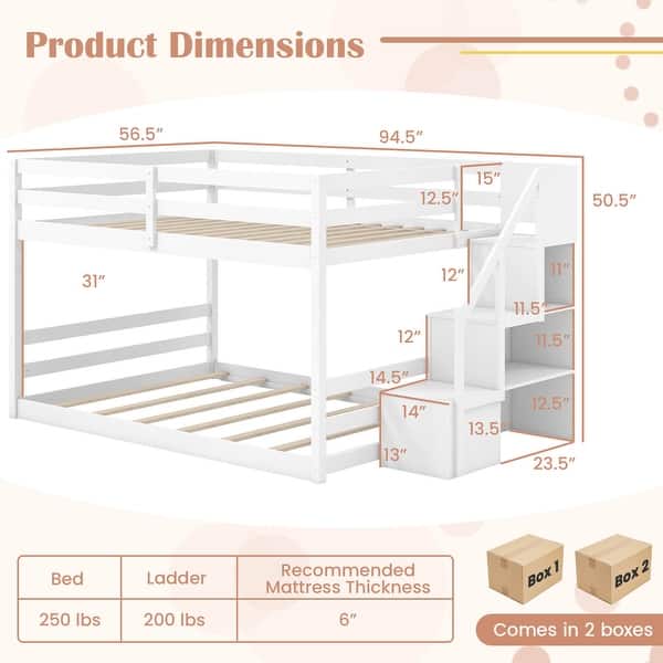 Costway Full Over Full Low Bunk Bed with Storage Stairs with