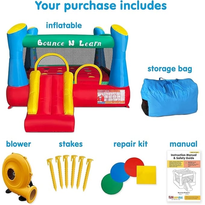 Funormous Educational Inflatable Bouncy House for Kids Outdoor Jump 'n Slide Bounce House for Kids Ages 3-8