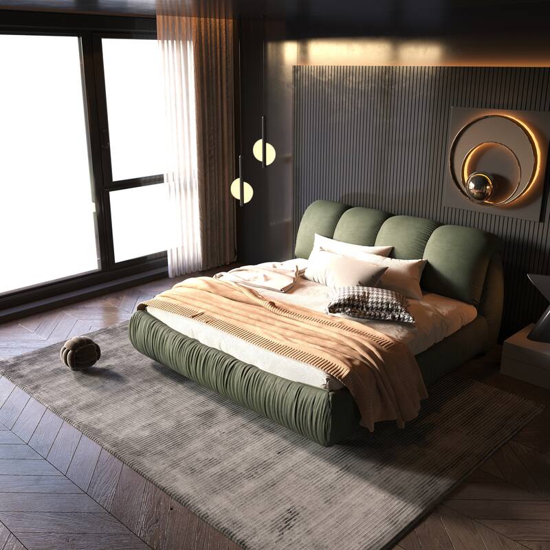 Queen Size Upholstered Platform Bed with Cushioned Headboard - Sturdy Solid Wood Frame.