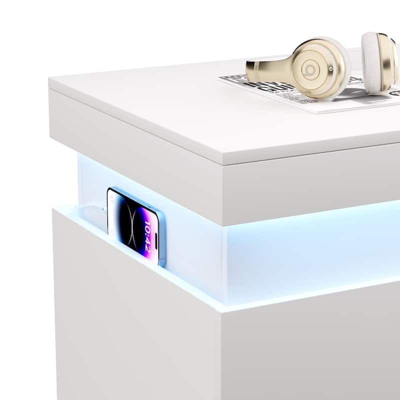 LED Lights Nightstand with Charging Station, Smart Wooden Nightstand, Storage Cabinet with Sliding Top & 3 Drawers