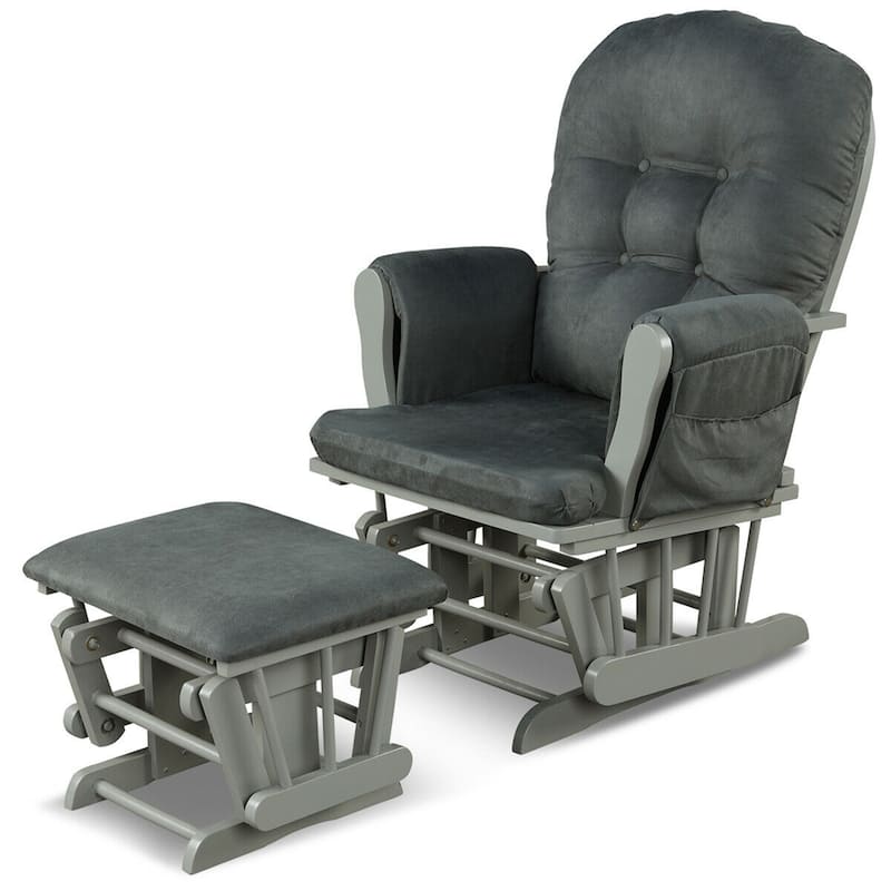 Gymax Glider and Ottoman Cushion Set Wood Baby Nursery Rocking Chair - Grey