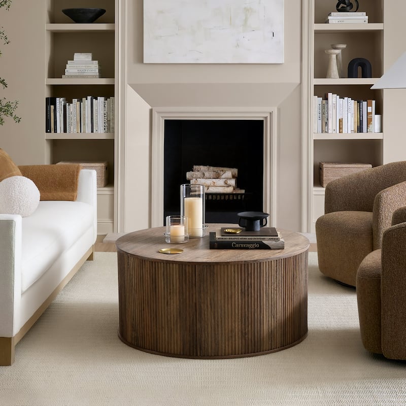 31.5" Round Solid Wood Coffee Table with Fluted Base, Rustic Modern Center Table