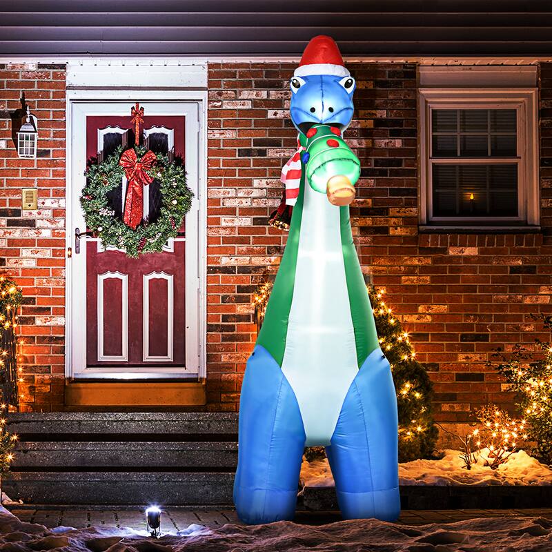 HOMCOM 11FT Long Christmas Inflatable Dinosaur with Christmas Tree in Mouth, Blow-Up Outdoor LED Yard, Waterproof - Green