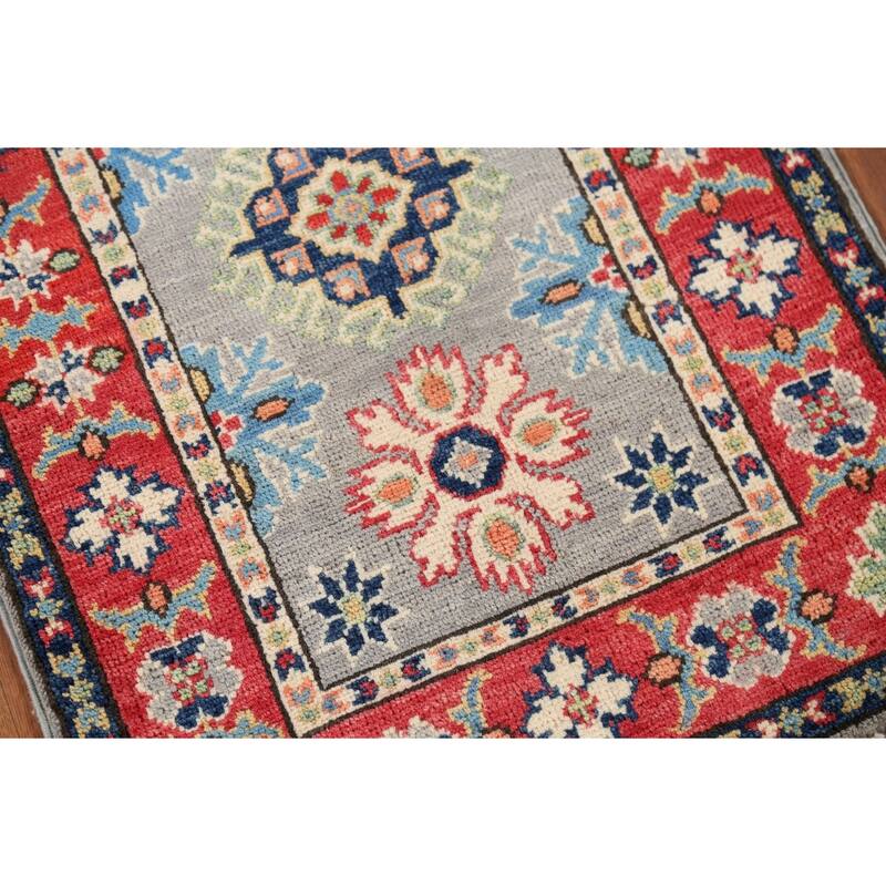 Geometric Kazak Oriental Accent Rug Handmade Grey Wool Carpet - 2'0"x 2'11"