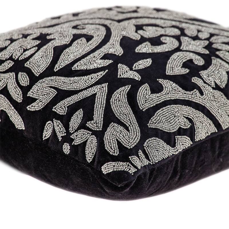 HomeRoots 18" Black and Silver Damask Velvet Throw Pillow With Beads
