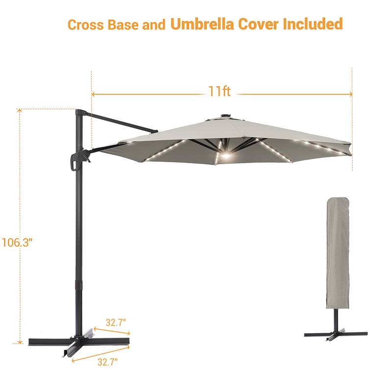 LIVOOSUN 11FT LED Patio Cantilever Umbrella w/Cross Base