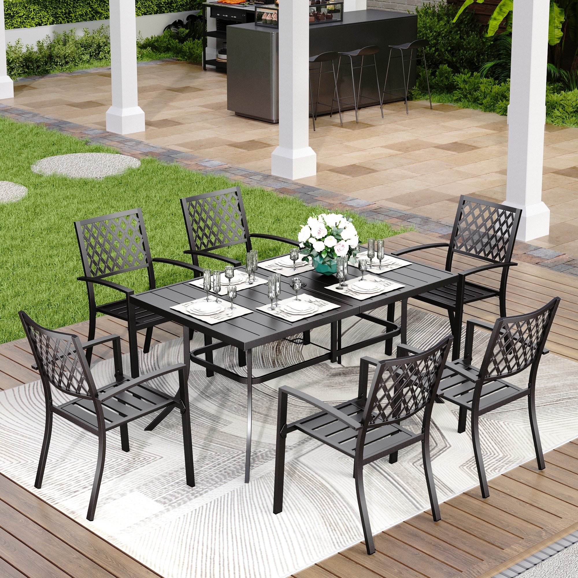 MAISON ARTS 7 Pieces Patio Dining Set, Metal Rectangle Table and Chairs with Umbrella Hole