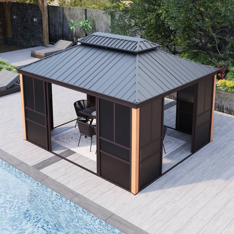 Outdoor Hardtop Sunroom Gazebo with Double Roof & Sliding Doors, All-Season Aluminum Outdoor Pergola, PE Screens&Lockable Design