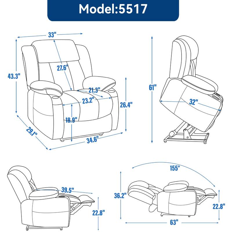 Roomfitters Heavy Duty Power Lift Recliner, Chenille Massage Chair with USB-C Charging and Stainless Cup Holders