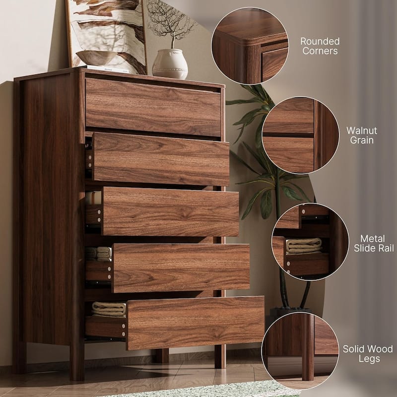 FURNIWAY Walnut Drawer Tall Dresser, Modern Chest with Hidden Handles, Storage Organizer