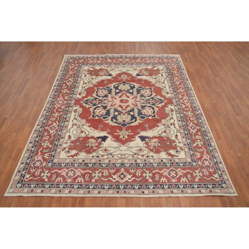 Hand Knotted Oriental 100% Wool Carpet Traditional Medallion Oranges & Rust Heriz (serapi) Area Rug - 9' 10'' X 8' 0''