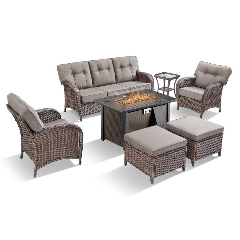 TWrap 7-Piece Wicker Patio Iron Fire Pit Conversation Set with 3-Seat Sofa & Armchairs