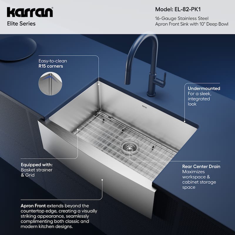 Karran Farmhouse Apron Stainless Steel 30 in. Single Bowl Sink Kit