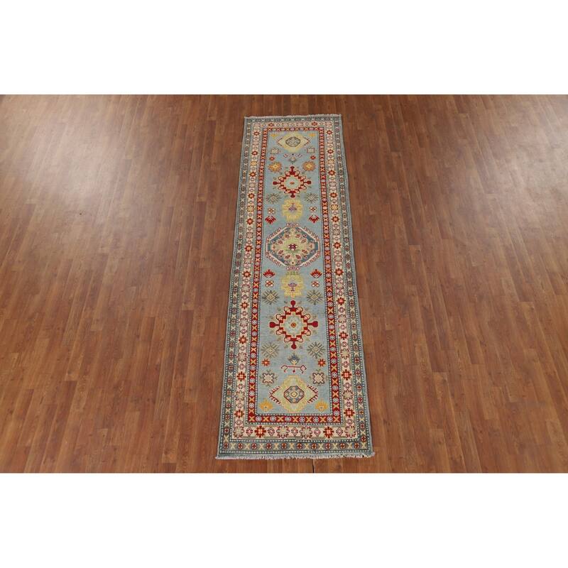 Light Blue Kazak Runner Rug Handmade Traditional Wool Carpet - 2'9" x 9'9"