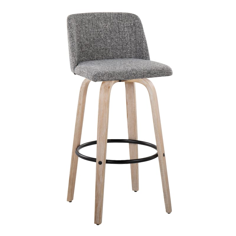 The Gray Barn Vallberga 30" Fixed-Height Bar Stool with White Washed Wood Base (Set of 2) - Grey Noise Fabric/Round Black Footrest