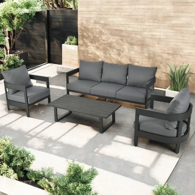 4-Piece Outdoor 5-Seater Iron Cnversation Sofa Set with Coffee Table and Thick Cushions - Gray