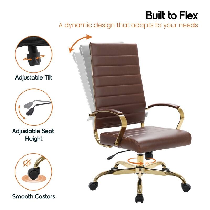 Benmar High-Back Leather Office Desk Chair in Brushed Gold Steel Frame Cushion Padded Armrests Tilt Lock Swivel Ergonomic Chair